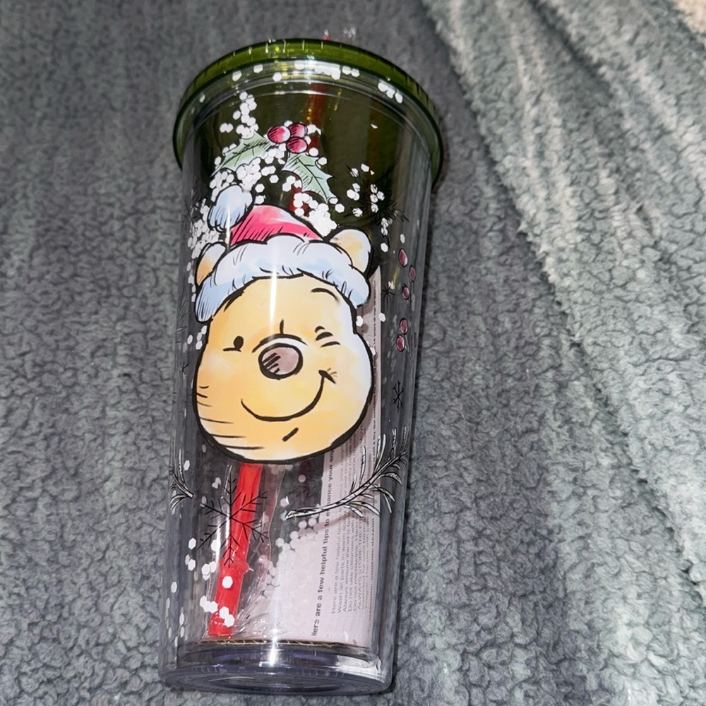 Winnie the Pooh tumbler, cup, w.lid & straw,wishing you a holly jolly Christmas